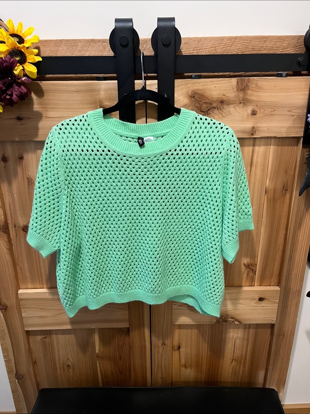 Divided Mint Green Open-Knit Cropped Sweater Top